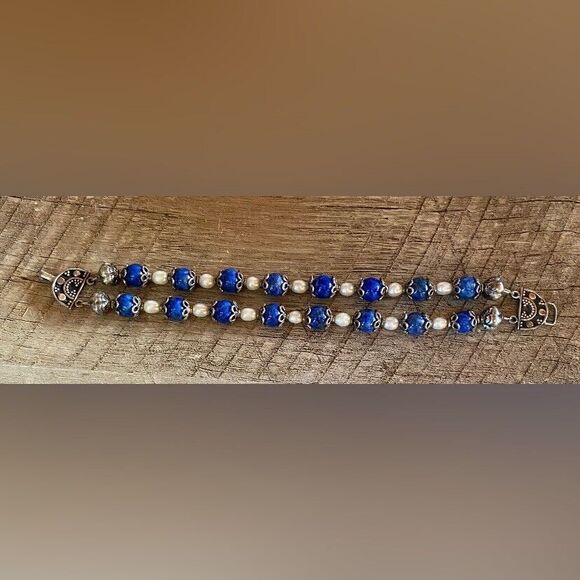 Vintage Bracelet Women’s 7” Sterling Silver 925 Blue Lapis Lazuli Pearls - Picture 2 of 5